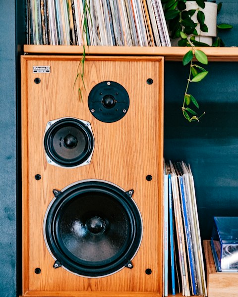 High-end wooden loudspeaker in front of a vinyl record collection